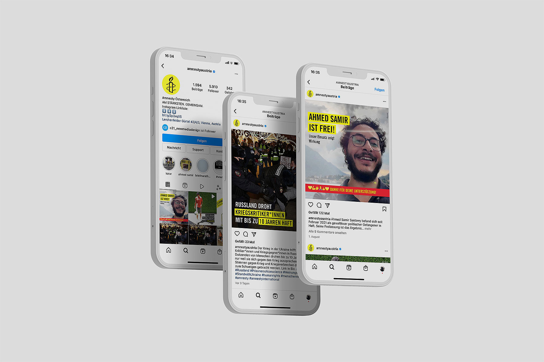 Instagram Profilseite Amnesty International geöffnet auf 3 Smartphones