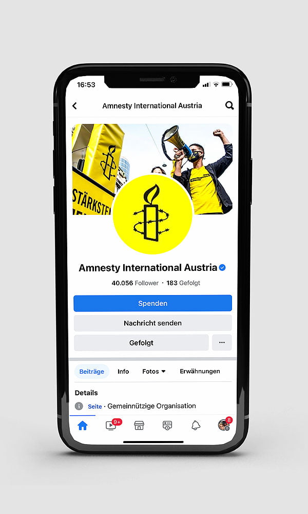 Facebook Seite Amnesty International geöffnet auf einem Smartphone