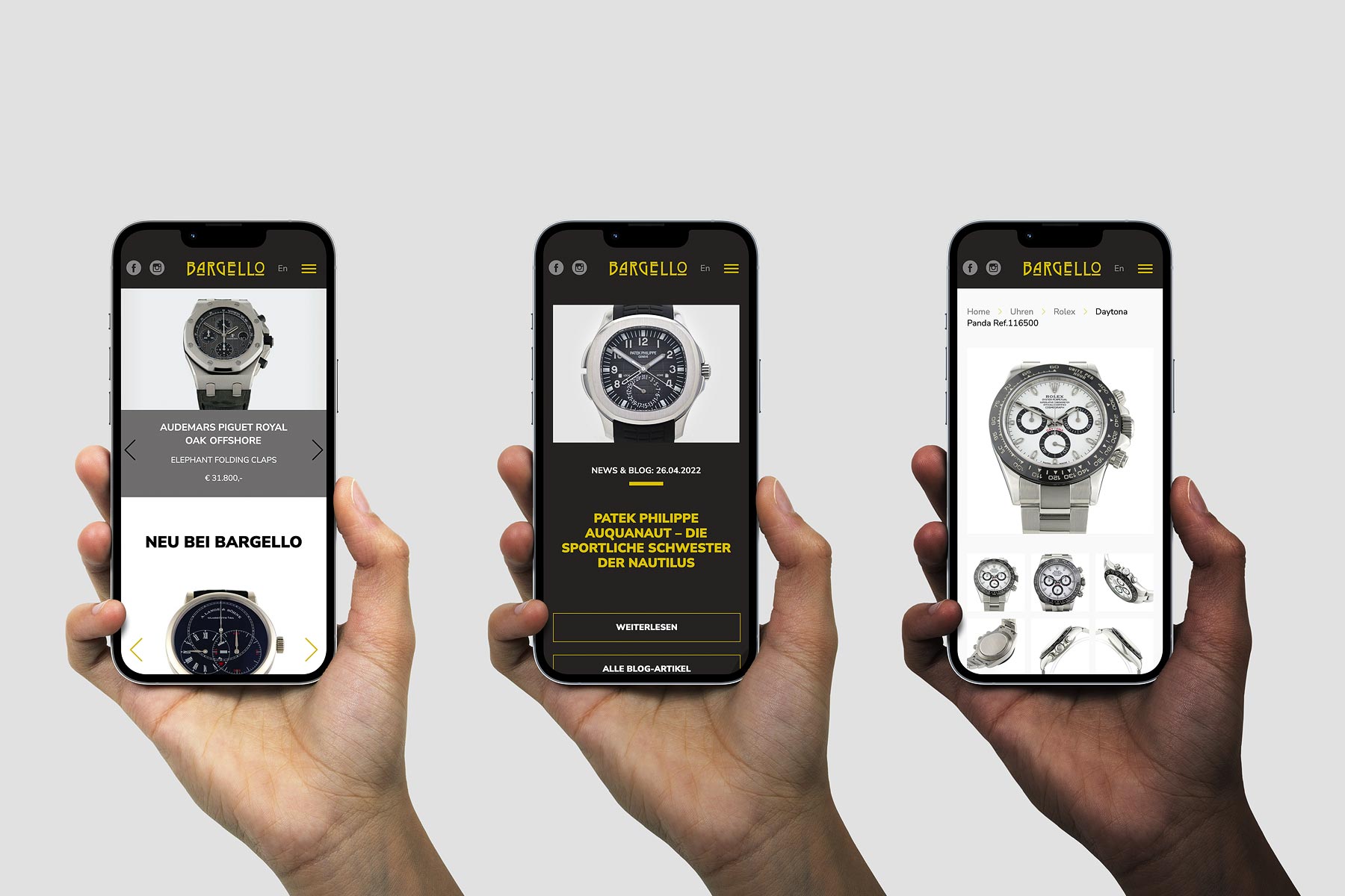 Smartphone Ansicht der Startseite sowie Detailansicht einer Uhr der Website juwelier-bargello.at