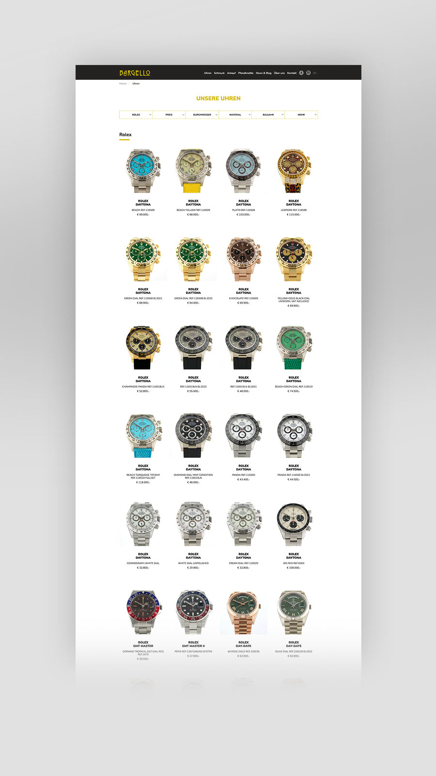 Übersichtsseite Uhren der Website juwelier-bargello.at (umgesetzt mit TYPO3)