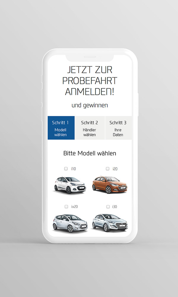 Smartphone Ansicht Formular Probefahrt Anmeldung Hyundai Euro Kampagne 2016: Schritt 1 Auswahl Modell