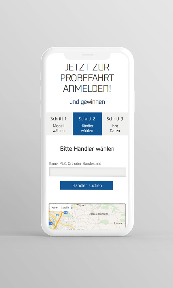Smartphone Ansicht Formular Probefahrt Anmeldung Hyundai Euro Kampagne 2016: Schritt 2 Händler wählen