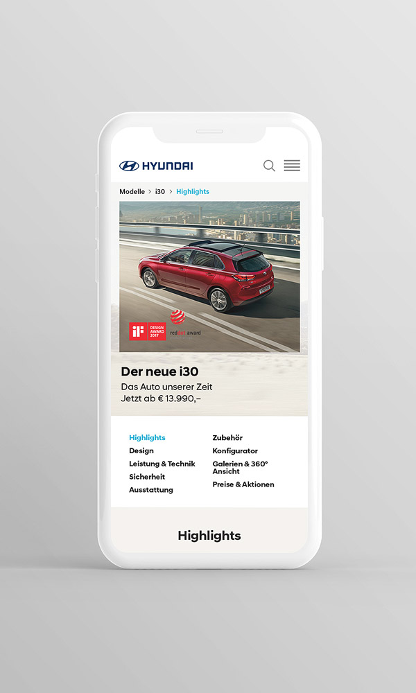 Smartphone Ansicht Detailseite Auto Hyundai Website Pitch 2017