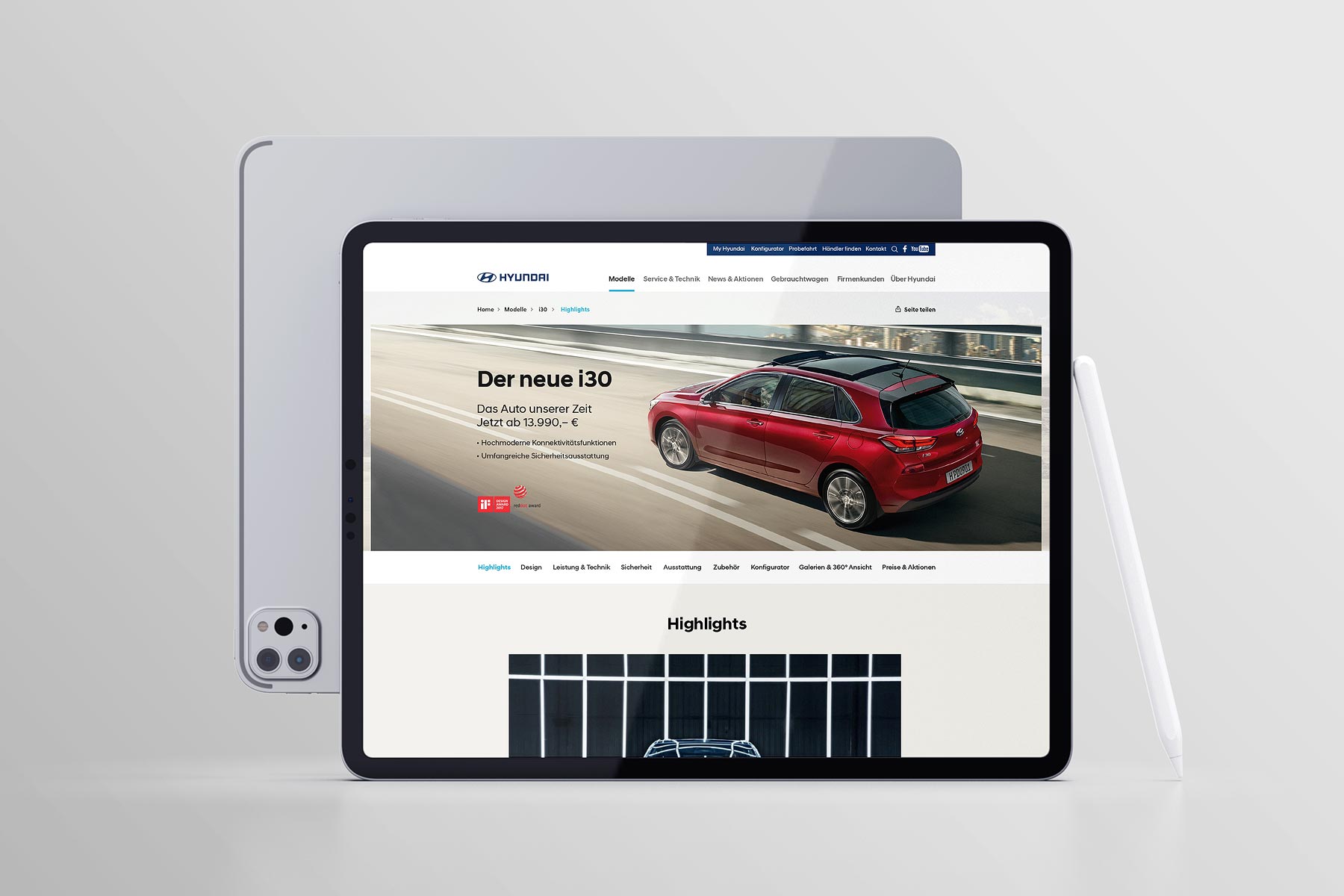 iPad Pro Ansicht Detailseite i30 Hyundai Website Pitch 2017