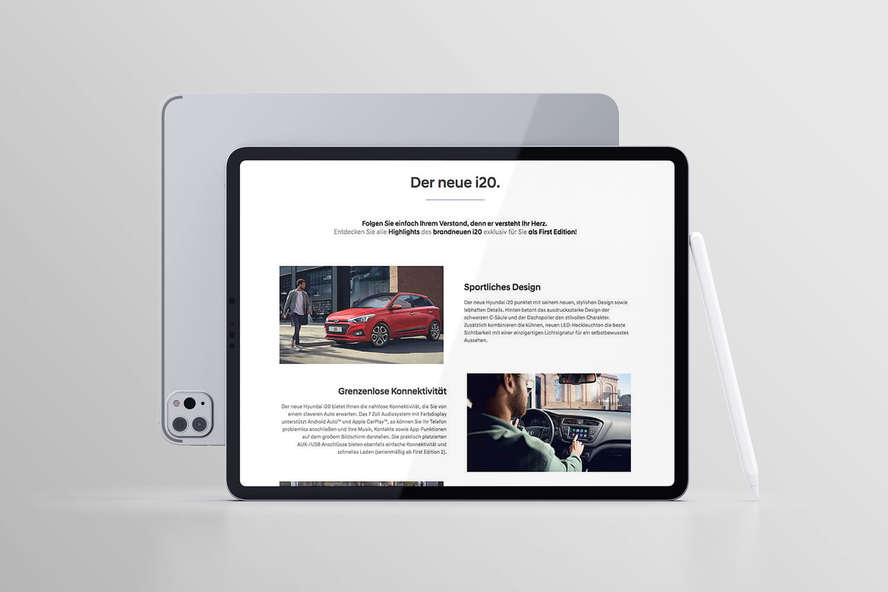 iPad Ansicht Landingpage Hyundai i20 2018: Bereich Produktdetails