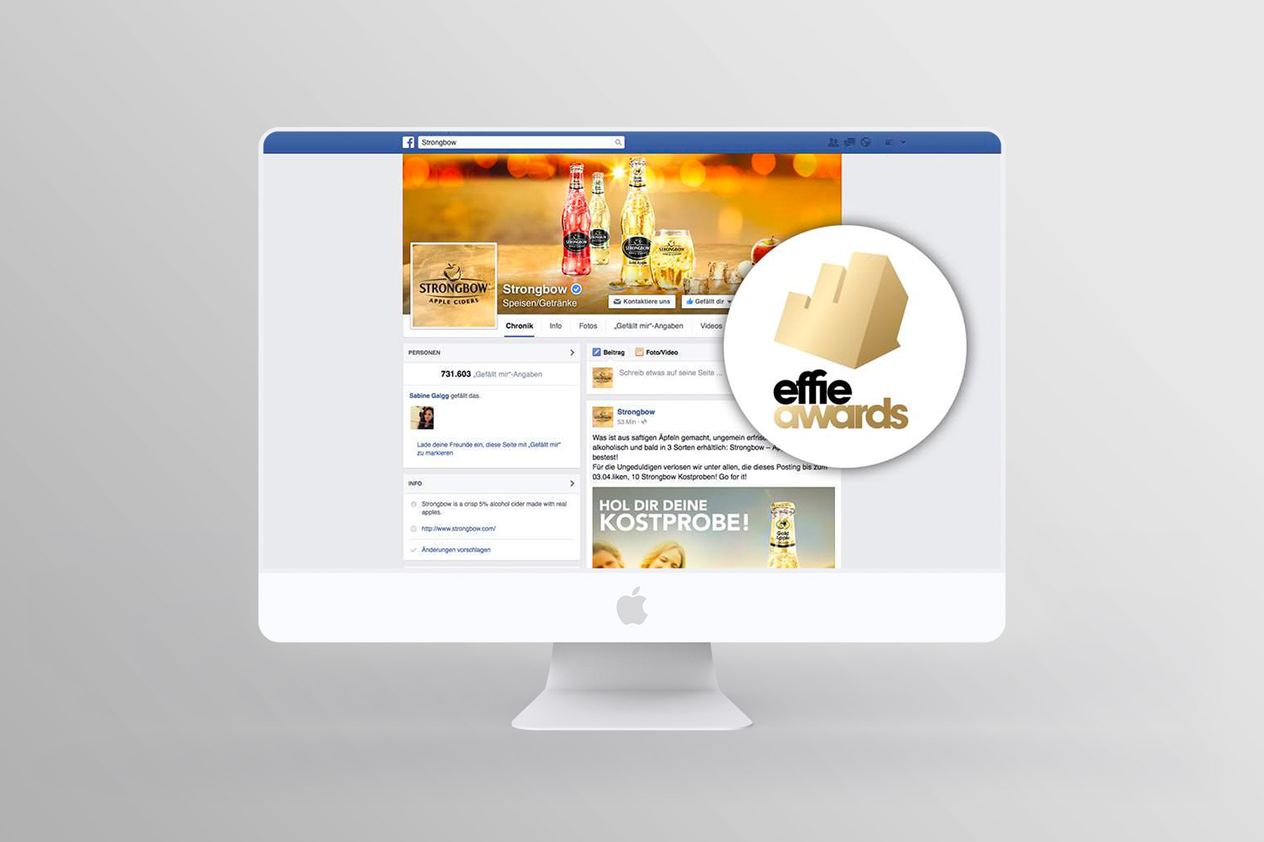 Montage Desktop Ansicht Facebook Seite Strongbow und Logo Effie Awards